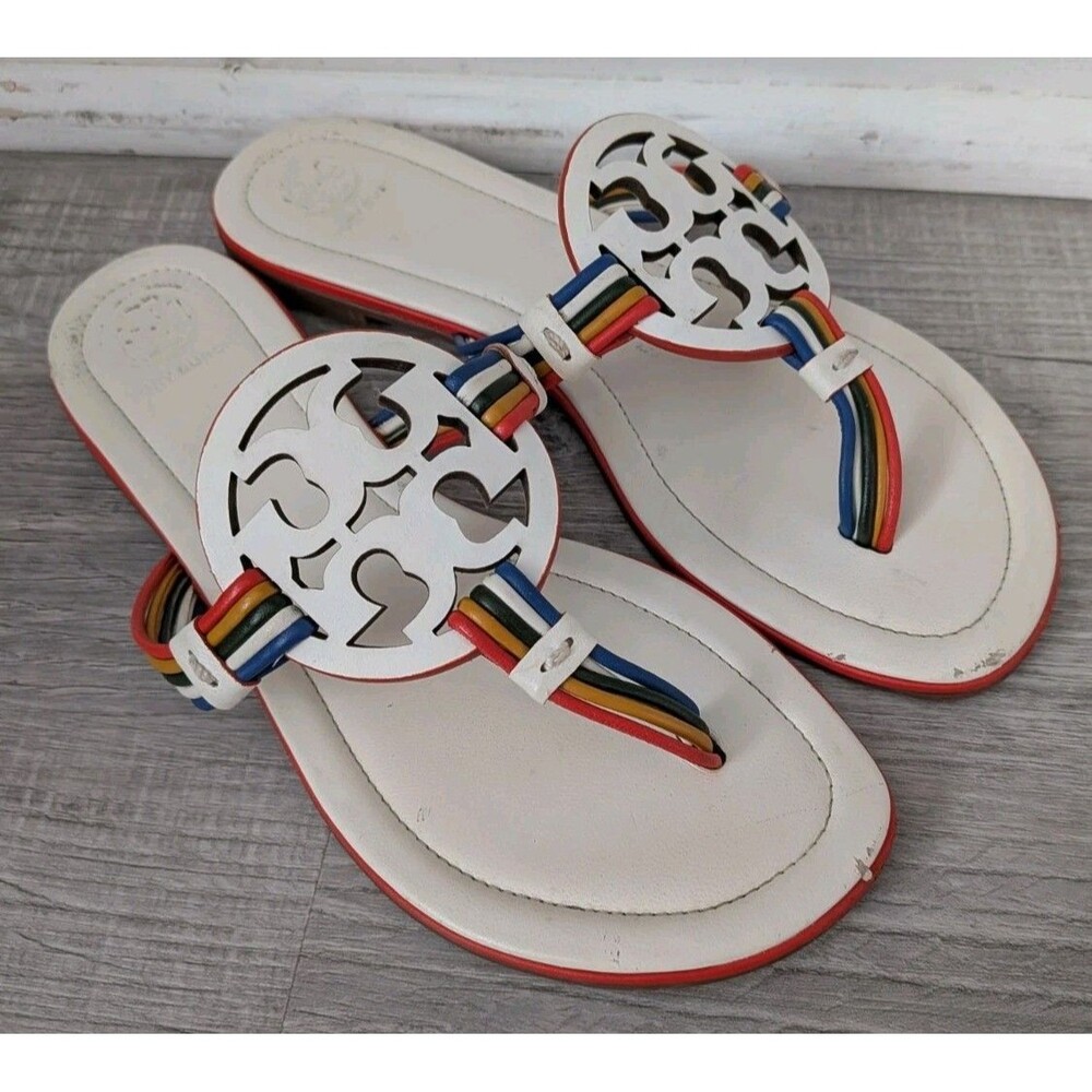 Tory Burch Rainbow Mignon Miller Thong Sandals Ivory Multi Leather Size 7 READ